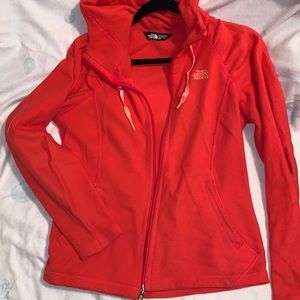 The North Face, bright coral, orange logo, fleece, zip up, hood